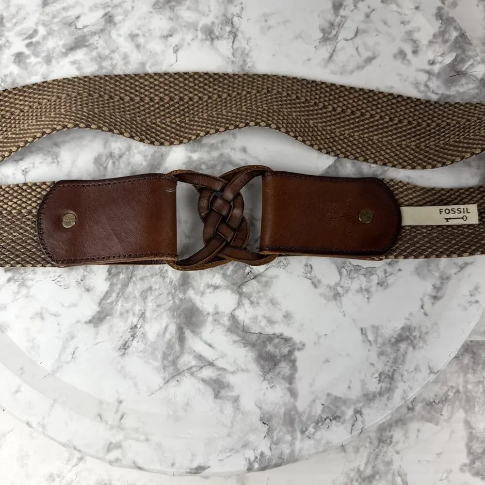 Fossil Womens‎ Brown Tan Herringbone Woven Wide Belt Brown Leather Buckle Size L